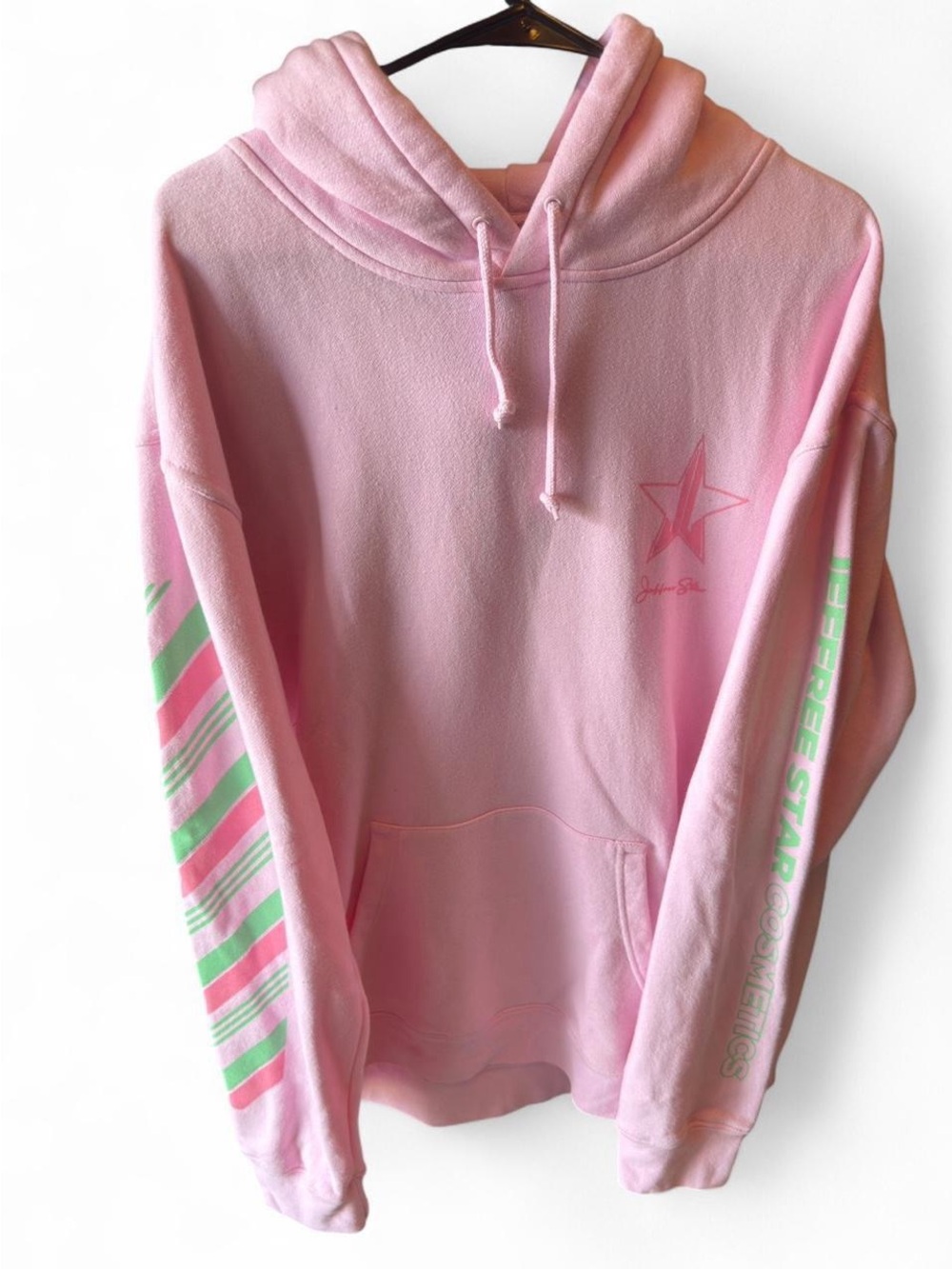 Jeffree Star Pink Hoodie with Green Sleeve Accents